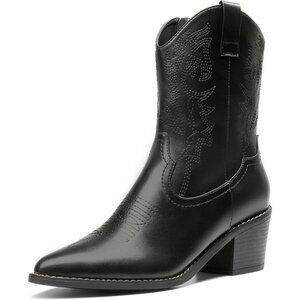🆕Women  Black PU Cowboy Boots Pointed Toe Chunky Heel Western Ankle Booties